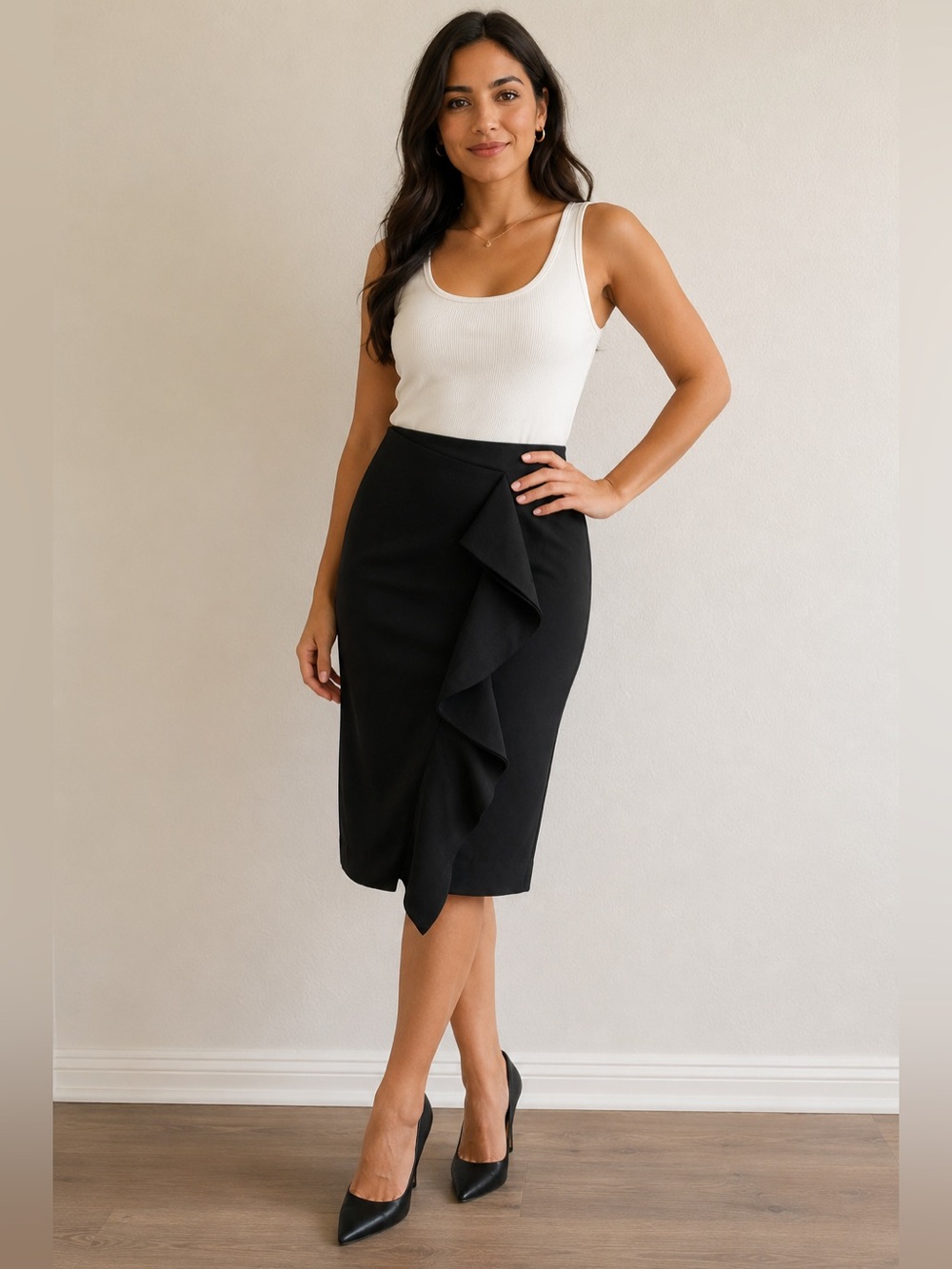 J Crew Classic Black Cascading Front Ruffle Faux Wrap Lined Pencil Skirt size 4